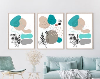 Set of 3 Mid Century Wall Prints, sage green wall art, mid century prints, green wall decor, boho printable art, boho art, green black beige