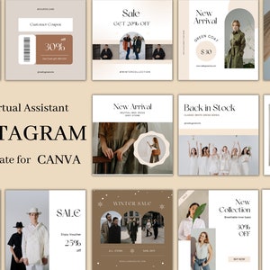 May include: A collection of Instagram post templates for Canva featuring a variety of designs with text overlays, including "Sale", "New Arrival", "Back in Stock", and "Winter Sale". The templates feature a neutral color palette of beige, brown, and white.