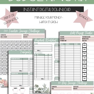May include: A printable budgeting kit with 18 pages of worksheets and trackers to help manage your money. The kit includes a 100 envelope savings challenge, a paycheck worksheet, a debt payoff tracker, and a 30-day savings challenge. The pages are decorated with a green and white floral design.