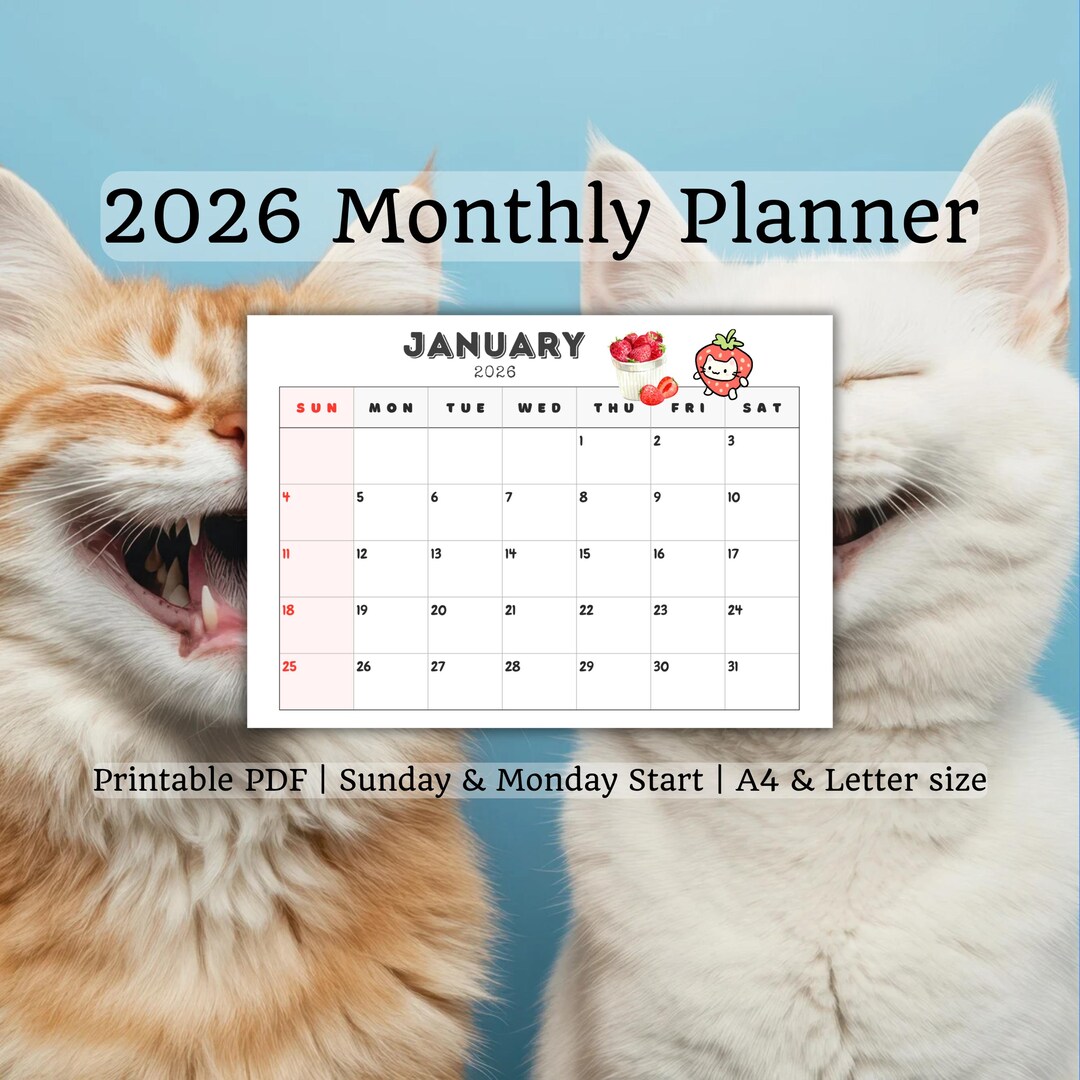 Digital Printable PDF | 2026 Fur Ball Cat Monthly Planner Calendar ...