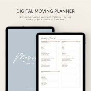 May include: A digital moving planner on a tablet screen. The planner includes a checklist for packing and moving, with sections for kitchen items, bathroom necessities, and other items to pack. The text on the screen reads "Inventory Checklist".