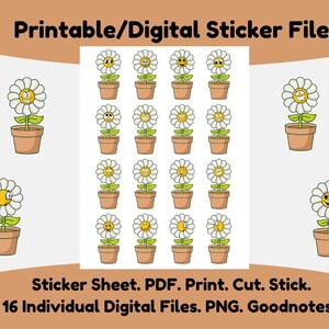 Stickers marguerites en pot : scrapbooking, calendriers, journaux intimes, incentives pour l'école/la salle de classe. PDF. Impression. Couper. Bâton. PNG. Fichiers numériques. Redimensionner.