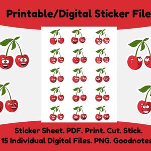 Pegatinas de cerezas: Scrapbooking, calendarios, diarios, incentivos para la escuela o el aula. PDF. Imprimir. Cortar. Pegar. PNG. Archivos digitales. Redimensionable.