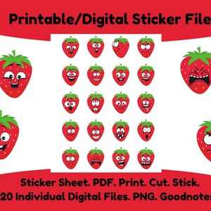 Stickers fraises : scrapbooking, calendriers, journaux intimes, incentives pour l'école/la salle de classe. PDF. Impression. Couper. Bâton. PNG. Fichiers numériques. Redimensionnable.