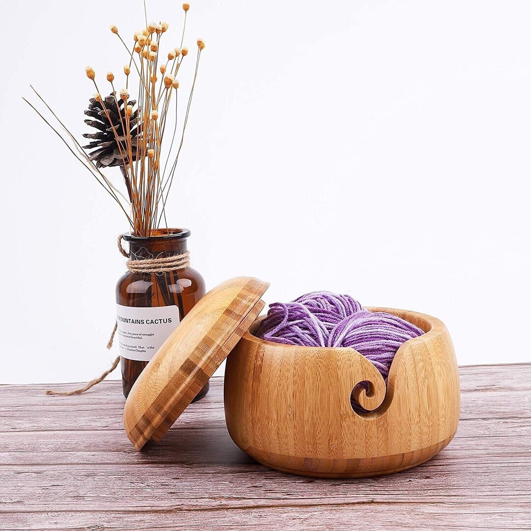 Bamboo Yarn Bowl,6.3x4.3 Inch Handmade Knitting Bowl Wool Holder With
