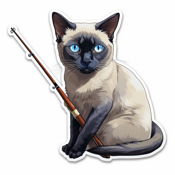 Sticker of Grey Siamese Cat Fishing