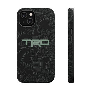May include: Black phone case with a topographic map design and the word "TRD" in green.