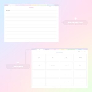 May include: A digital vision board template with a pastel color scheme. The template is divided into 12 sections, each with a different category, such as "Vision", "Dreams", and "Goals".