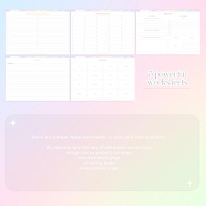 May include: Five printable worksheets for manifestation, including "DIY Reasons Why the Law of Attraction Exists", "Things You're Grateful For", "Manifestation", "Scripting", and "Vision Board".