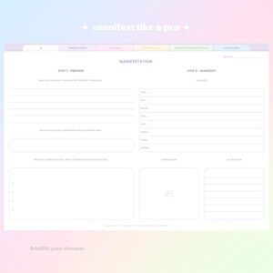 May include: A printable manifestation worksheet with sections for preparing, visualizing, and taking action. The worksheet includes prompts for identifying goals, practicing gratitude, and creating a vision board.