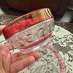May include: A clear glass bowl and matching plate set featuring a raised circular dot pattern and a vibrant metallic red rim. The glass pieces have a textured surface with a geometric design, showcasing a reflective red border along the top edge.