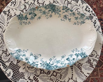 Antique Blue Transferware Serving Platter, Victorian Semi Porcelain, Burslem England