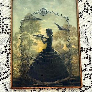 1940s Reverse Painted Silhouette – Victorian Lady, Birds, Convex Bubble Glass Wall Decor