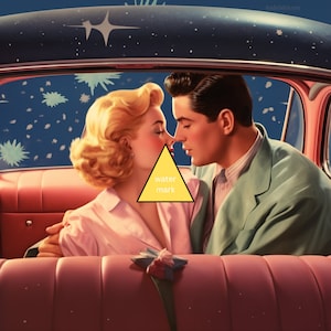 1950s illustrating of romantic couple sharing a kiss in the car's front seat.