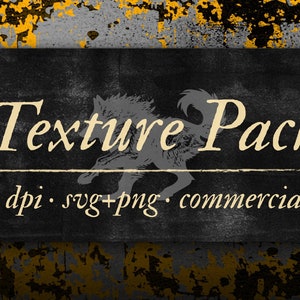 May include: A black and white grunge texture pack with a wolf silhouette and the text "Texture Pack 300 dpi. svg+png. commercial use".