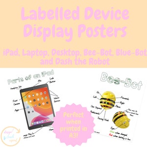 May include: Two educational posters for teaching children about technology. The first poster shows a labeled diagram of an iPad. The second poster shows a labeled diagram of a Bee-Bot robot.