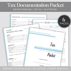 Op de afbeelding: Een printbaar pakket met belastingdocumenten met een blauw en groen kleurenschema. Het pakket bevat een klantinformatiedocument, een belastingchecklist en een factuur. De tekst "Tax Documentation Packet" staat bovenaan de pagina. De tekst "6 Pages" staat in een cirkel aan de rechterkant van de pagina. De tekst "Instant Download | PDF File | US Letter Size" staat onder de titel. De tekst "Instant Download | US Letter | Print and Fill" staat onderaan de pagina.