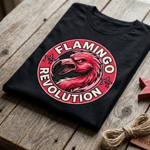May include: A black t-shirt featuring a circular graphic with a pink flamingo head in the centre. The text "FLAMINGO REVOLUTION" is printed in white capital letters around the border of the circle, which also includes two small star icons.