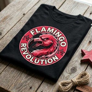 May include: A black t-shirt featuring a circular graphic with a pink flamingo head in the center. The text FLAMINGO REVOLUTION is printed in white around the border of the circle, accompanied by two small star icons with a fist symbol inside each.