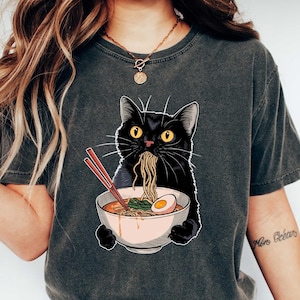 Ramen Cat T-Shirt, Noodle Cat Shirt, Black Cat Noodle Tee, Funny Noodle T-Shirt, Cat Lover Shirt, Cute Black Cat Ramen Shirt for Kids