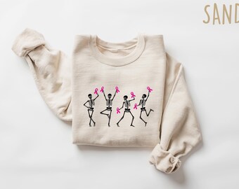 Breast Cancer Awareness Sweatshirt Halloween Crewneck, Dancing Skeletons Pink Ribbon Shirt, Cancer Warrior Gift, Spooky Awareness Tee