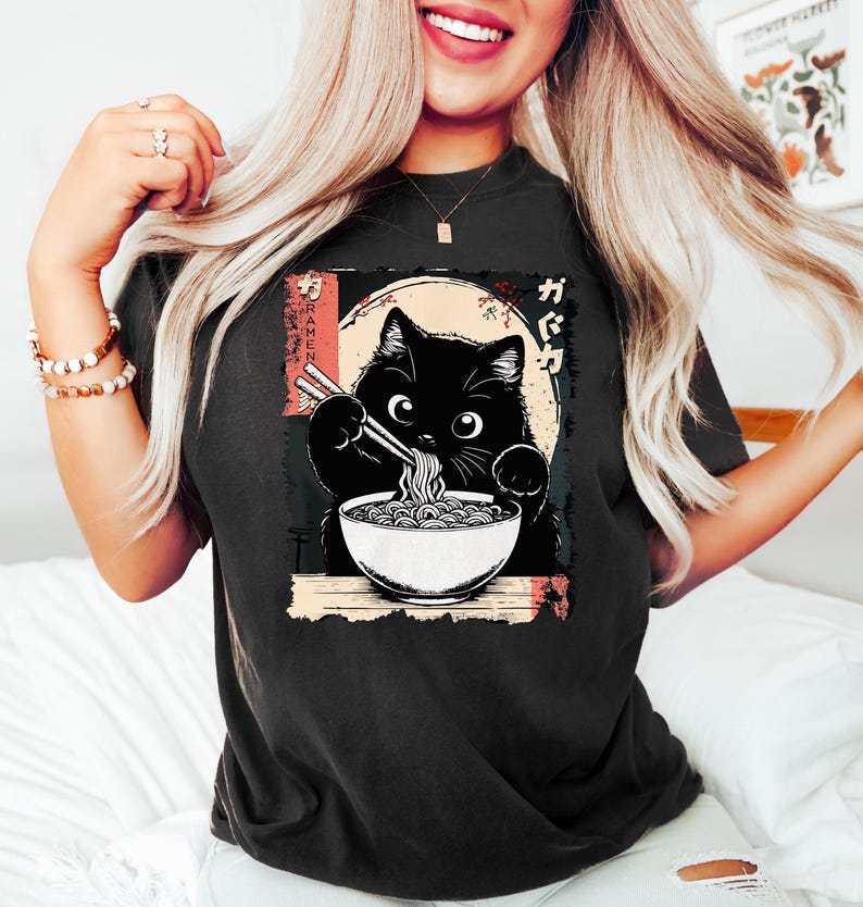 Black Cat Eating Ramen Shirt, Funny Noodle Cat Graphic Tee, Foodie ...