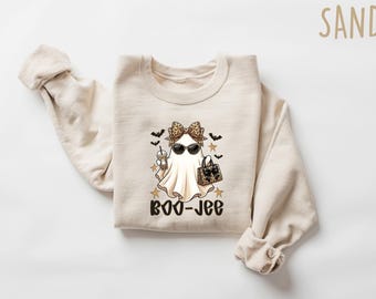 Boo-Jee Sweatshirt Halloween Ghost Crewneck, Funny Boujee Halloween Shirt, Girly Spooky Era Tee, Leopard Print Bow Ghost Apparel