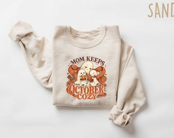 Mom Keeps October Cozy Sweatshirt, Spooky Mama Halloween Crewneck, Soft Ghost Aesthetic Shirt, Retro Fall Mom Gift, Cute Autumn Apparel