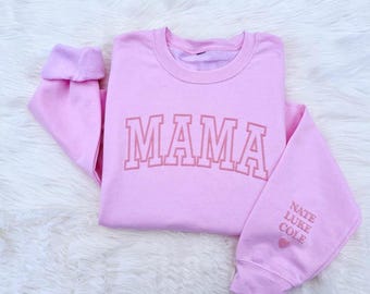Pink Custom Mama Sweatshirt with Kids Names | Puff Letters | Embossed Lettering | Christmas Gift for Mom | Mama Sweater | Names on Sleeve