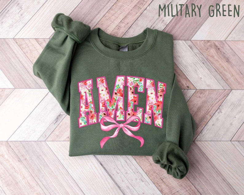 Amen Easter Coquette Sweatshirt ,Jesus Easter Shirt, Amen Varsity Shirt ,Floral Amen Shirt, Easter Christian Shirt, Easter Varsity image 1