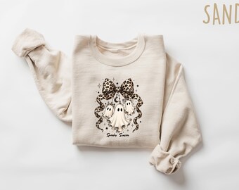 Spooky Season Sweatshirt Leopard Bow Coquette Crewneck, Ghostie Girlie Halloween Shirt, Preppy Summerween Tee, Aesthetic Fall Apparel