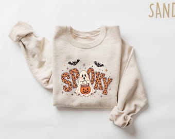 Spooky Sweatshirt Leopard Halloween Crew, Retro Ghost Shirt, Spooky Season Tee, Cute Holiday Gift, Glam Ghost Apparel