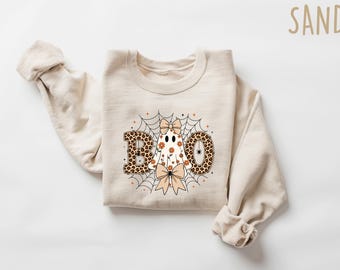 Halloween Sweatshirt Coquette Ghost Crewneck, Leopard Print Boo Shirt, Boujee Halloween Top, Cute Bow Ghost Tee, Scarily Cute Fall Gift