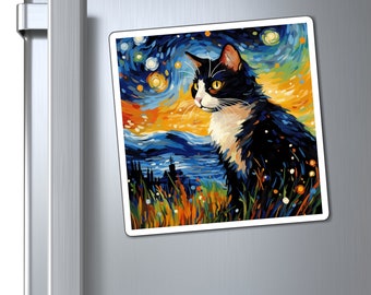 Magnete da frigorifero gatto Vincent Van Gogh, artistico gatto notturno stellato bianco nero, piccolo regalo perfetto per la casa, idea regalo unica per gli amanti dei gatti