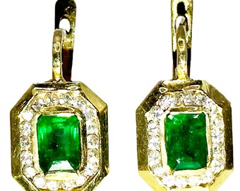 5800 2.45Ct Yellow Gold Emerald & Diamond Fashion Drop Earrings 14Kt