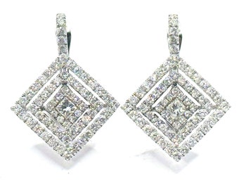 5900 1.20 Ct Princess and Round Diamonds Drop Earrings 18Kt White Gold F-VS2