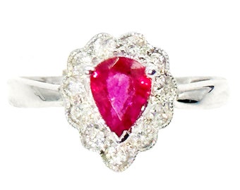 4800 1.20 CT White Gold Tear Drop Burma Ruby & Diamonds All Around Ring 18 KT