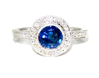 7900 1.59Ct White Gold Bezel Halo Ceylon Sapphire and Diamond Ring 14Kt