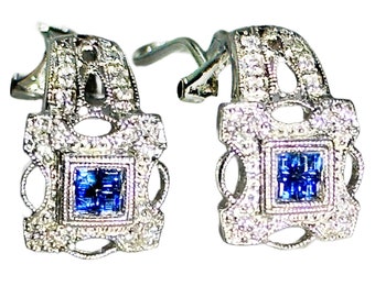 5600 0.75Ct White Gold Princess Sapphire and Diamond Filigree Earrings 18Kt