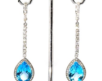 7800 14.00 Ct White Gold Women's Hanging Blue Topaz and Diamond Earrings 14 Kt