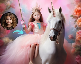 Princess Riding a Unicorn Portrait Custom Princess Portrait Personalized Princess Portrait from Photo Toddler Portrait C015