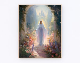 May include: A framed art print depicts a woman in a flowing white and light blue gown, arms outstretched, walking on a stone path. The path leads through an archway into a sunlit garden with colorful flowers and a distant castle.