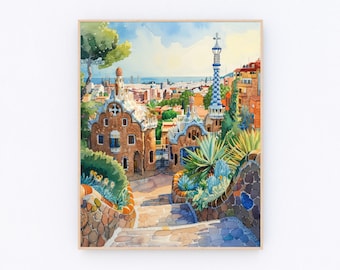 Barcelona Watercolor Painting Park Guell Art Print Barcelona Landscape Poster Europe Print Travel Gift P545