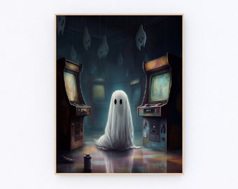 Ghost in Arcade Print Haunting Ghost Vintage Poster Halloween Decor Dark Academia Art Poster Print P118