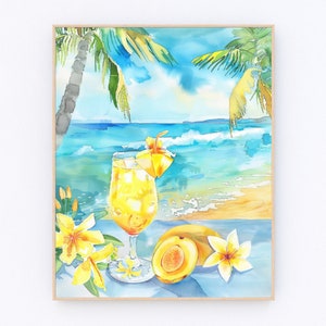 Hawaii Watercolor Painting Hawaiian Cocktail on the Beach Artwork Maui Coastal Decor Hawaii Landscape Poster Tropical Wall Art P653