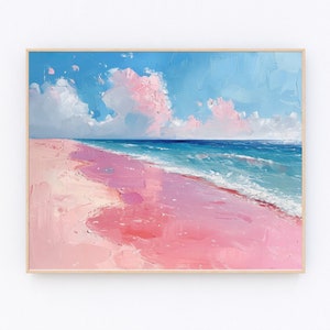 Pink Blue Coastal Painting Coastal Cowgirl Print Beach Oil Painting Retro Pink Beachy Wall Art Pink Girly Apartment Wall Art P642