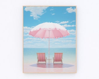 Pink Beach Umbrella Painting, Coastal Wall Art (Digital Download) P084