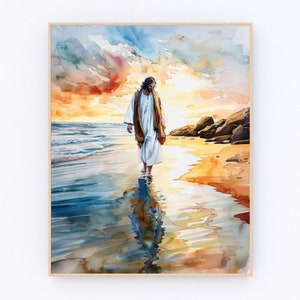 May include: A watercolor painting of a man walking on a beach at sunset. The man is wearing a white robe and is walking towards the viewer. The water is a light blue color and the sky is a mix of orange, pink, and purple.