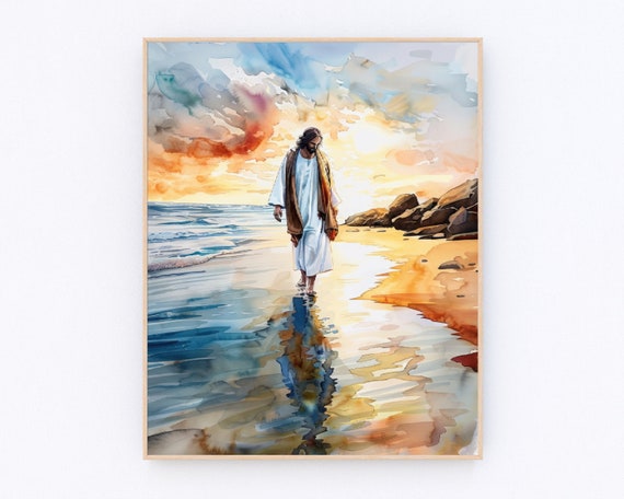 Jesus Walking on Beach Painting Christian Digital Art Christian Prayer Wall Art Catholic Printable Gifts P414