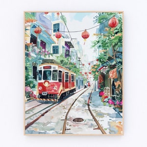 Hanoi Vietnam Painting Train street Vietnam Art Print Vietnamese Wall Art Southeast Asia Cityscape Poster Travel Gift P549